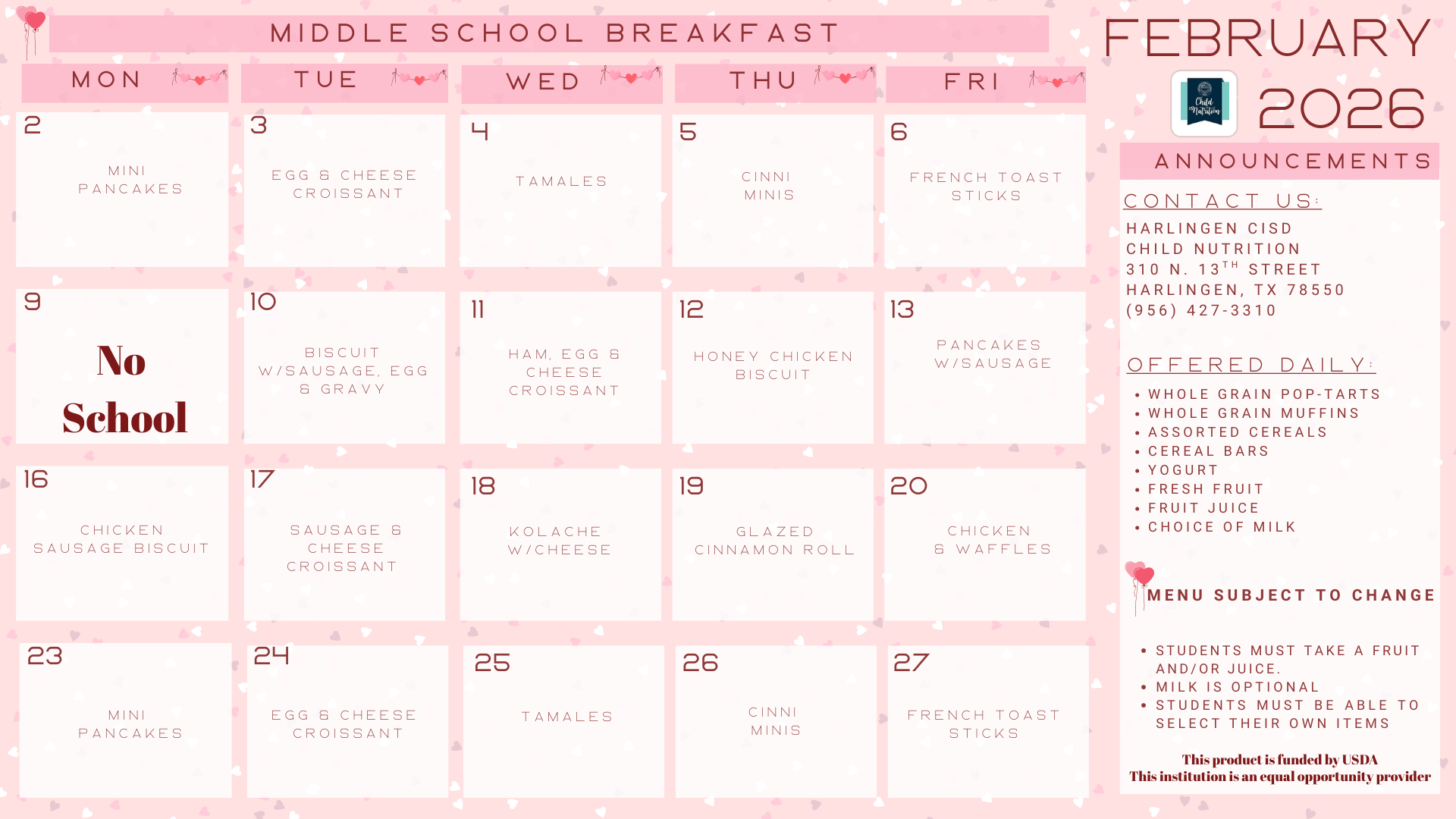 Middle School Updated Menu 12/9/25